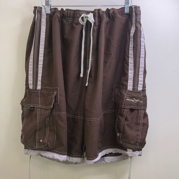 Vintage PANAMA JACK Bown/Cream  Striped Drawstring Cargo Swim Trunks - Picture 1 of 12